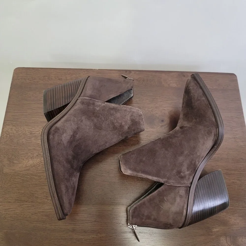 Vince Camuto Brown Suede Pointed Ankle Booties with Stacked Heel